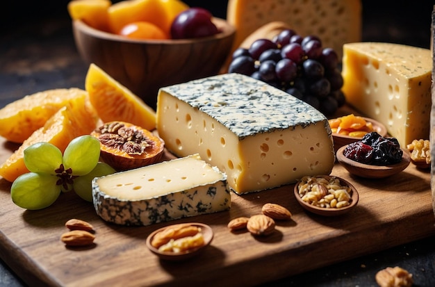 Tabla de queso con quesos variados y frutas secas