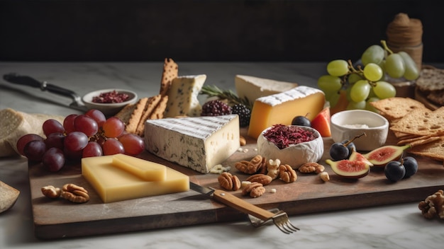 Una tabla de quesos con frutas y nueces.