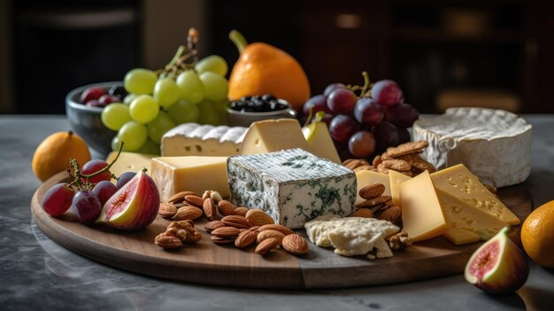 Una tabla de quesos con frutas y nueces