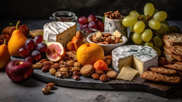 Una tabla de quesos con frutos secos y frutas.