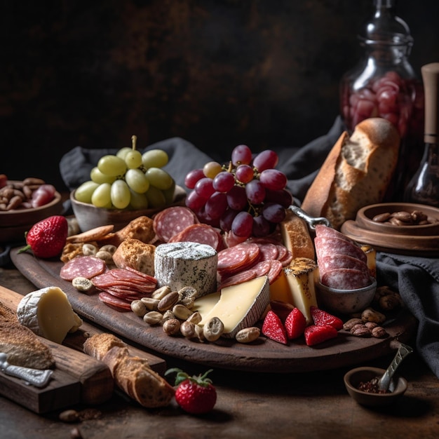 Una tabla de quesos con uvas, uvas y pan.