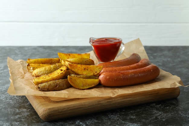 Tabla con sabrosos gajos de papa, salsa y salchicha