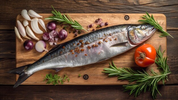 Tabla con sabrosos peces crudos de caballa en una mesa de madera