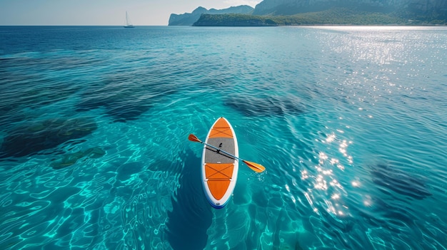 Tabla SUP multicolor sobre un fondo de mar azul