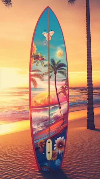 Tabla de surf arafed con pintura de puesta de sol y palmeras ai generativo