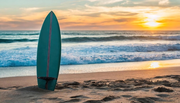 Tabla de surf atascada en la arena de la playa con una oleada en el espacio de fondo para el texto