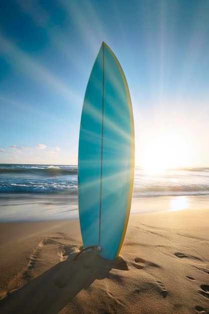 Una tabla de surf atrapada en la arena de una playa IA generativa