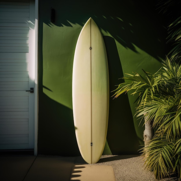 Tabla de surf blanca apoyada contra una pared verde al sol creada con tecnología de IA generativa