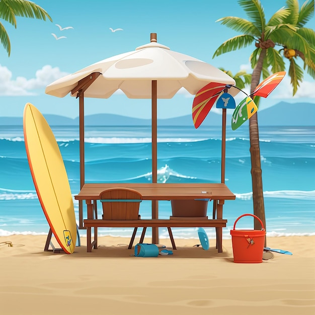 Foto tabla de surf con cubo de arena icono vectorial ilustración de verano playa deporte icono de vacaciones concepto estilo de dibujos animados plano aislado blanco adecuado para página de aterrizaje web banner flyer sticker card