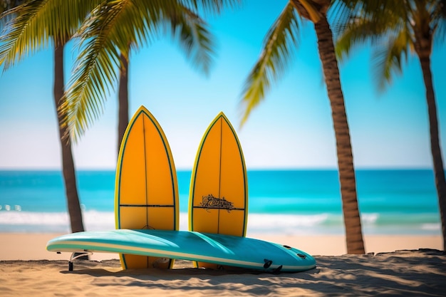 Una tabla de surf se encuentra en una playa con palmeras al fondo.