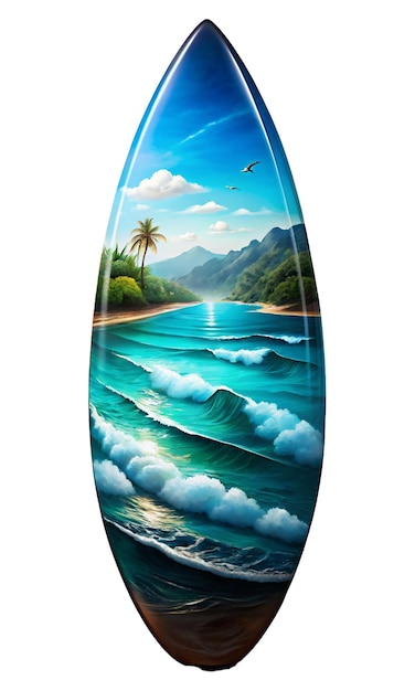 Una tabla de surf se encuentra verticalmente con una escena vibrante con olas del océano