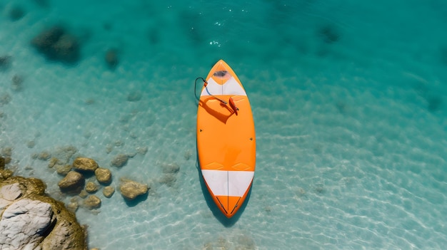 Una tabla de surf espera a su jinete en medio de la calma y la serenidad del mar