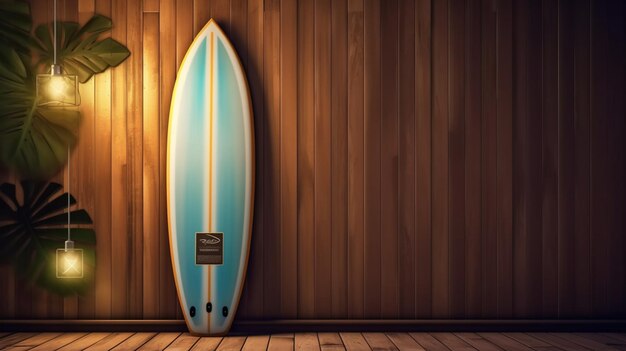 Una tabla de surf está en una pared de madera con la palabra surf.