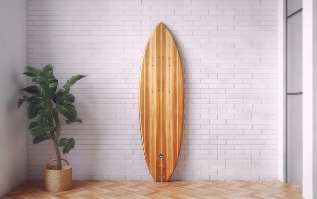 Tabla de surf de madera colocada en una sala de estar minimalista de pared