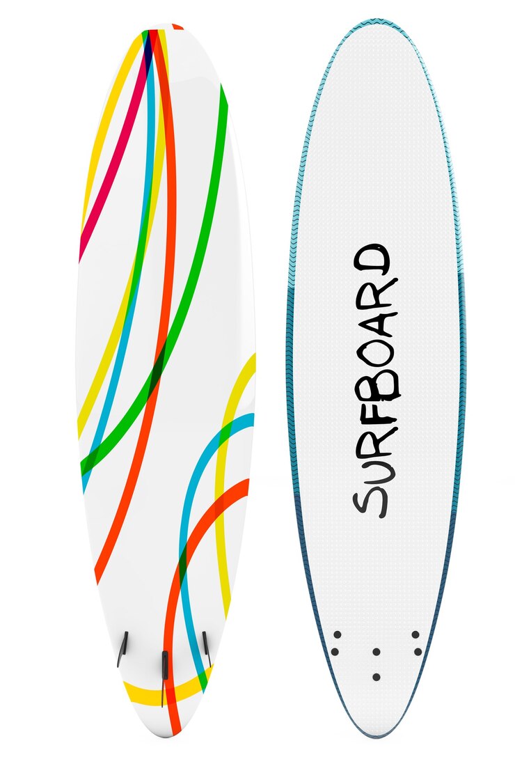 Foto tabla de surf moderna con aletas sobre un fondo blanco. representación 3d