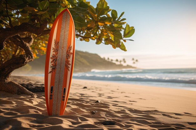 Tabla de surf y palmera en la playa Fondo IA generativa