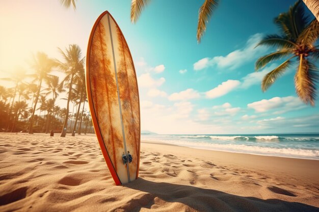 Tabla de surf y palmera en la playa