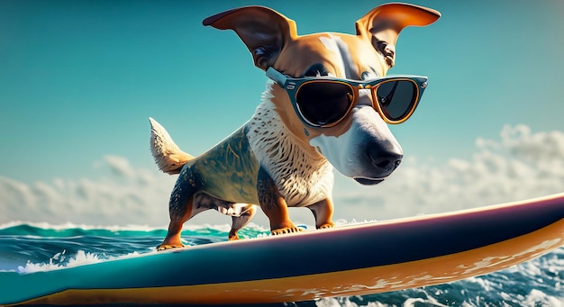 tabla de surf en el perro de mar con gafas de sol de pie en la parte superior generativa Ai