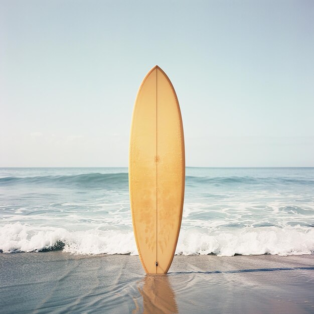 Foto una tabla de surf está de pie en la arena con el océano en el fondo