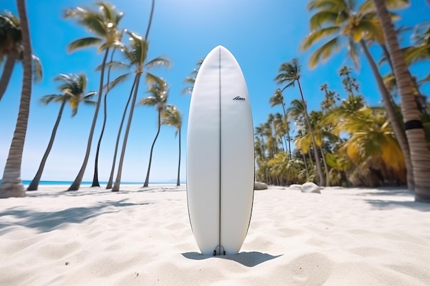 tabla de surf de pie atascada en la arena y tumbada en la palmera en la playa paraíso en la soleada d