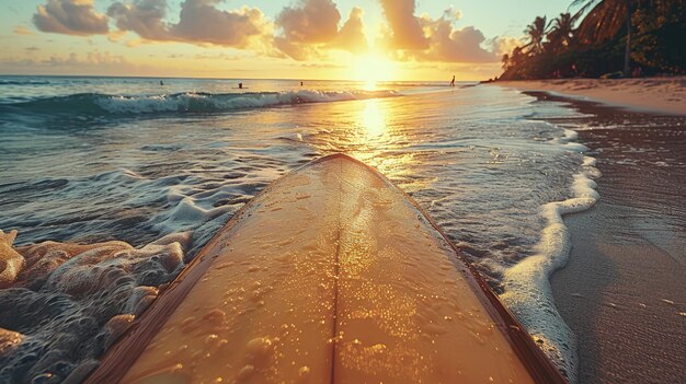 Tabla de surf en una playa de arena bajo la luz dorada del sol vibraciones tropicales