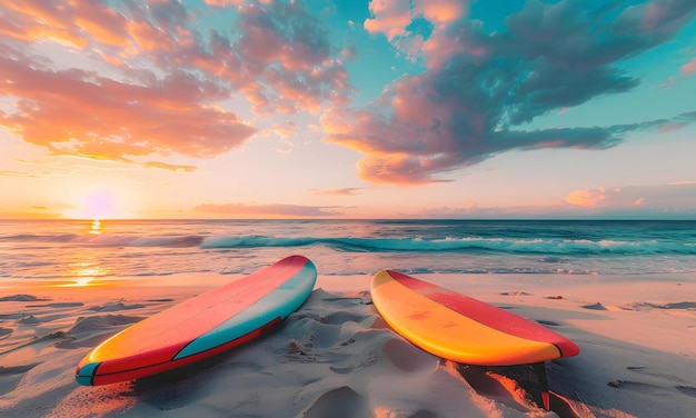 Tabla de surf en la playa con el fondo del mar al atardecer