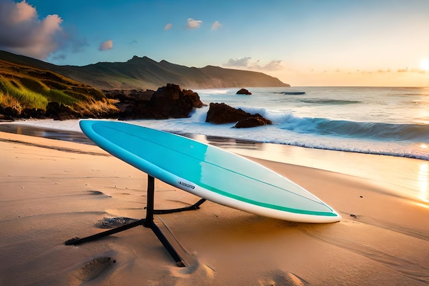 Una tabla de surf en una playa con el océano al fondo.