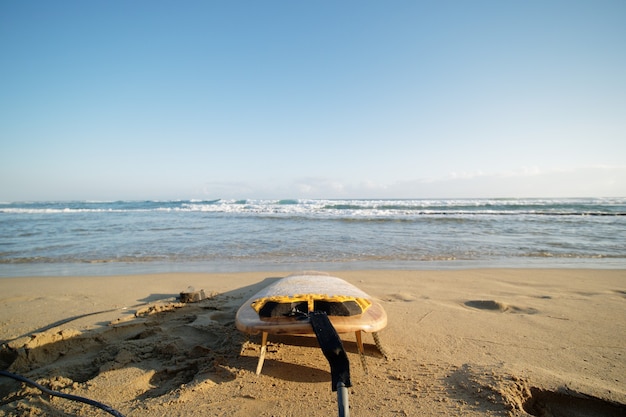 Foto tabla de surf en la playa del océano atlántico a la hora de la mañana. enfoque selectivo.