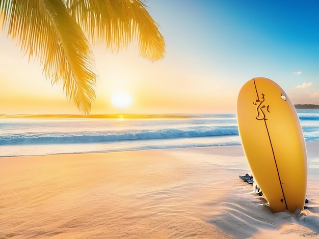 Tabla de surf en una playa tropical de arena deporte extremo surf en un complejo con el sol poniéndose