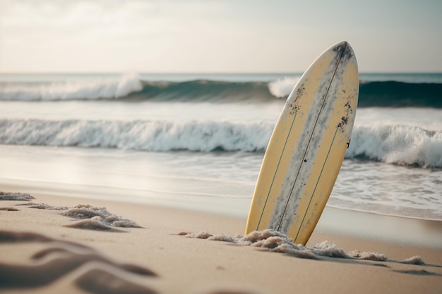 Tabla de surf que sobresale en la arena de la playa IA generativa