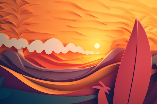 Una tabla de surf sobre una ola con una puesta de sol de fondo.