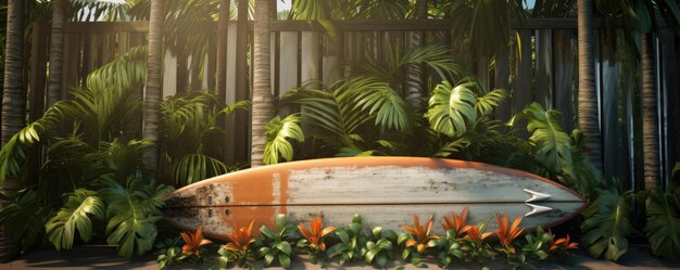 Una tabla de surf usada de época acostada contra una valla de madera en un jardín en una isla tropical Generative Ai