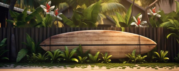 Una tabla de surf usada vintage tumbada contra una valla de madera en un jardín en una isla tropical Ai generativo