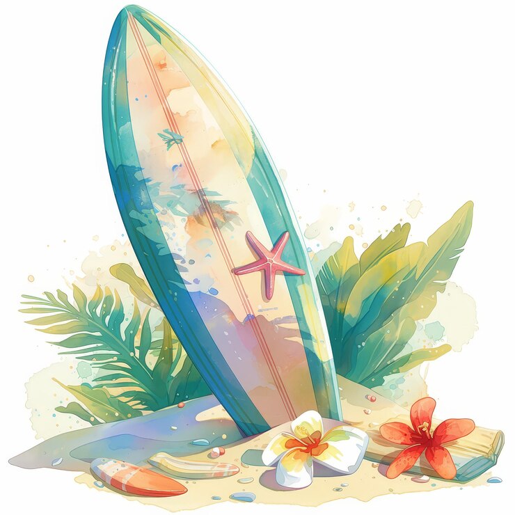 Tabla de surf de verano vibrante Ilustración de acuarela en arena blanca