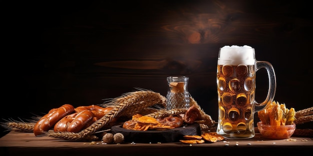 Tabla de tiza con taza de cerveza pretzels y barril en la mesa