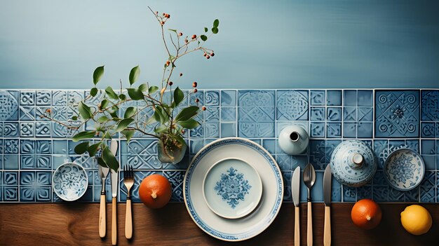 Foto tabla de utensilios de cocina portuguesa y españa azulejo fondo de azulejos estilo ecológico ia generativa