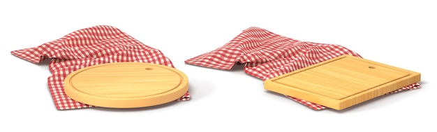 Tablas de cortar o pizza de madera sobre una toalla de cuadros rojos Bandeja redonda y rectangular colocada sobre un mantel a cuadros con tablones de cocina de madera con patrón de guinga para cortar alimentos sobre fondo blanco