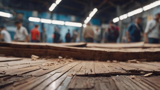 Foto tablas dañadas con personas sin enfoque en el fondo