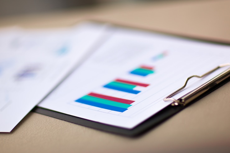 Foto tablas y gráficos financieros sobre la mesa.
