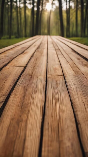 Tablas de madera con árboles de fondo no enfocados