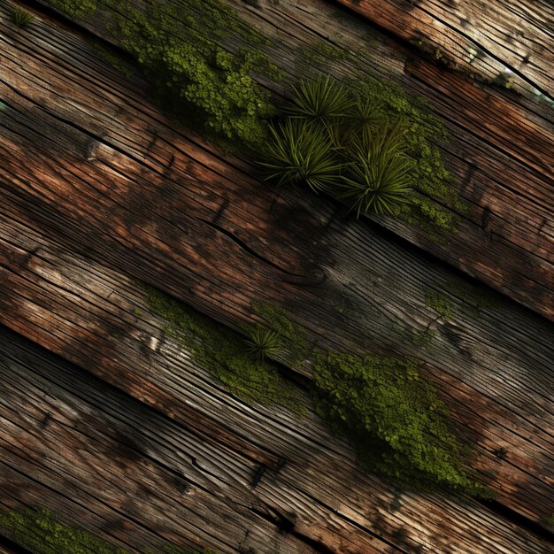 Tablas de madera arrafadas con musgo creciendo en ellas y una pequeña planta generativa ai