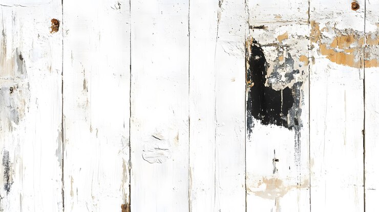 Tablas de madera blancas con pintura descascarada y un parche negro
