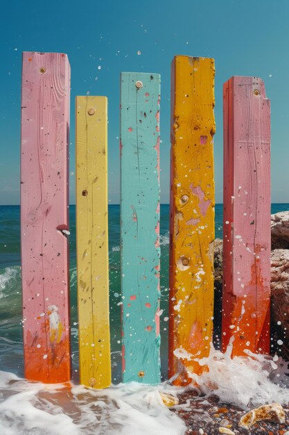 Foto tablas de madera coloridas en la playa junto al mar