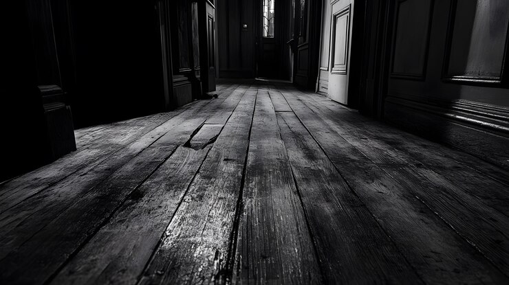 Tablas de madera desgastadas en un pasillo oscuro