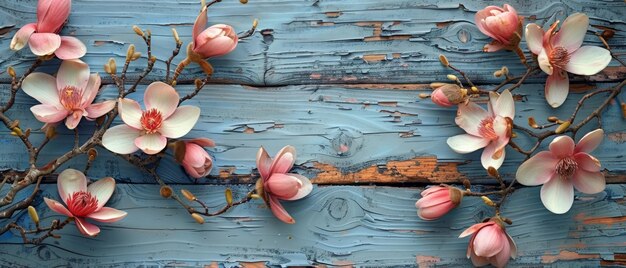 Tablas de madera de estilo rústico con flores de magnolia