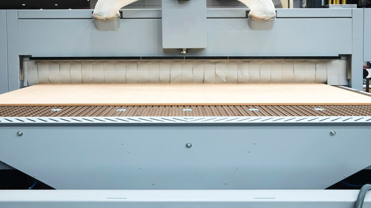 Foto tablas de madera en una máquina de carpintería en una fábrica de muebles moderna