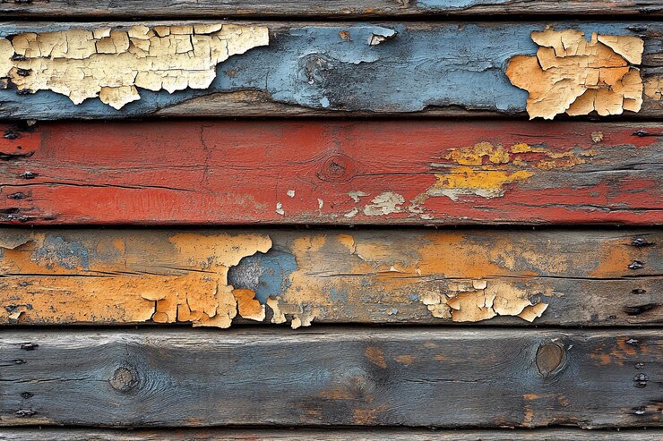 Tablas de madera resistentes a la intemperie con pintura de pelado vibrante en colores variados IA generativa