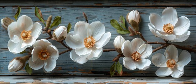 Tablas de madera rústicas y flores de magnolia blancas en un fondo rústico