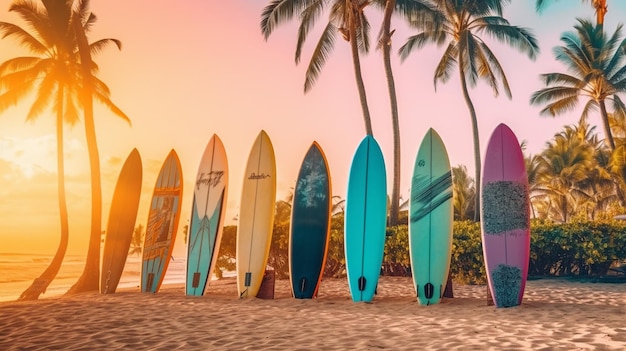 Tablas de surf alineadas en una playa al atardecer