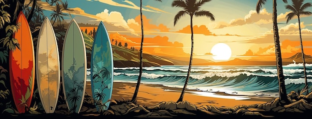 Tablas de surf de diferentes colores y diseños yacen en orden en la arena en la playa del viajero bajo la puesta de sol